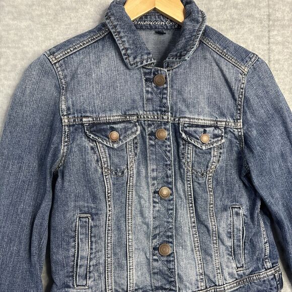 American Eagle Jean Jacket Denim Light Medium Wash Semi-Cropped Western M - Picture 2 of 15